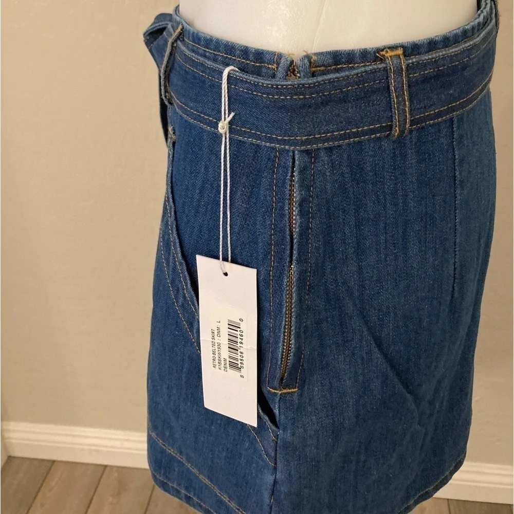 Bishop + Young Retro Blue Belted Denim Skirt Size 8